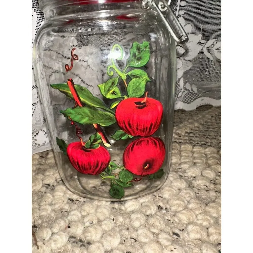 Glass Apple Canister Jar Red Clamp Lid Hand Painted Country Kitchen